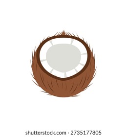 Cracked open coconut with brown shell and white interior on a white background.