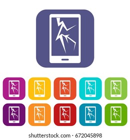Cracked phone icons set vector illustration in flat style In colors red, blue, green and other