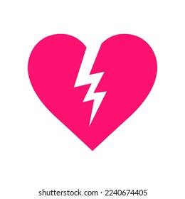 Ilustración vectorial plana del corazón del cómic rosa craqueado. Dibujo de caricatura de corazón roto sobre fondo blanco. Amor, ruptura, concepto de emociones