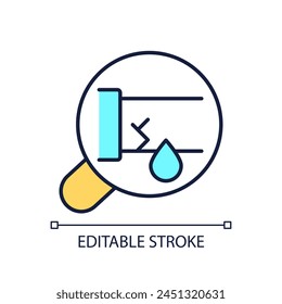 Cracked pipe RGB color icon. Plumbing inspection. Leak detection. Home repair and maintenance. Professional services. Isolated vector illustration. Simple filled line drawing. Editable stroke