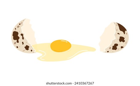 Cracked quail egg with shell and yolk isolated on white background. Flat vector illustration