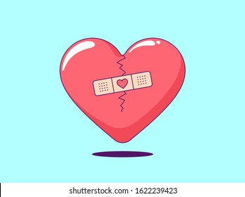 Cracked red heart with patch on the crack. Broken heart repair and restore by patch, rehabilitation and therapy with love. Vector illustration, good print for the card and t-shirt