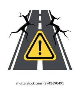 Cracked road with warning sign indicating danger or caution ahead