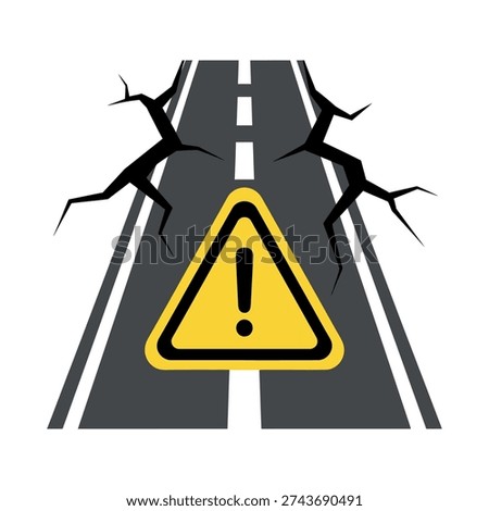 Cracked road with warning sign indicating danger or caution ahead