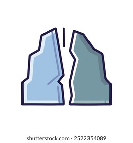 Rocha rachada. Duas formações rochosas se separaram, simbolizando separação, divisão ou o impacto da natureza.