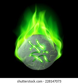 Cracked rough stone with magic rune burning in green flame