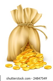 cracked sack wired by rope with gold coins - vector illustration