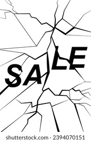 Cracked sale split vertical black and white banner template. Flat minimal flash sale. Fractured broken ice letters. Strike price offer promotion. Sale offer abstract background.