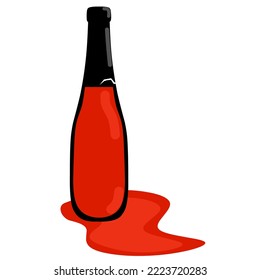 Cracked sauce bottle on a white background. Red sauce spilled from the cracked bottle opening. Great for broken container logos. Vector illustration