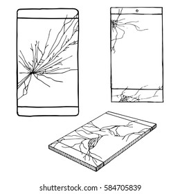 Cracked screen display. Sketch of different broken phones, smartphones. Hand made vector illustration.