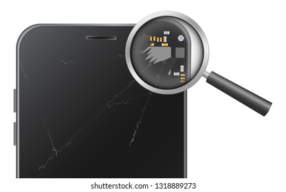 Cracked Screen Mobile Phone with Magnifying Glass ,Find for problem to fix or repair Concept, Isolated on White Background, copy space for text or product display