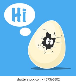 Cracked shell egg and eyes, bubble Hi. Concept of the birth of a new life. Vector illustration in cartoon style for web banner or print advertising materials