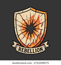 A cracked shield with flames bursting through, symbolizing rebellion and destruction.