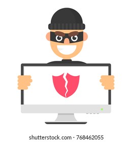 Cracked shield guard on screen computer with burglar hacker