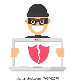 Cracked shield guard on screen computer with attacker hacker