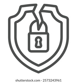 Cracked shield with lock line icon, hacker attacks concept. Vector graphics. Lock on emblem with crack sign on white background, outline style icon for mobile or web design