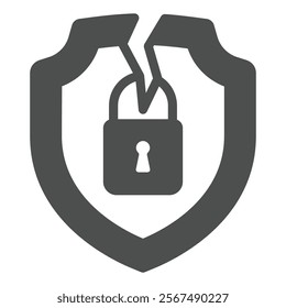 Cracked shield with lock solid icon, hacker attacks concept. Vector graphics. Lock on emblem with crack sign on white background, glyph style icon for mobile or web design