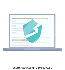 Escudo rachado sobrepondo o código do computador em uma tela de laptop, representando uma vulnerabilidade ou violação de segurança em um sistema