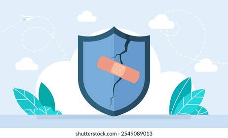 A cracked shield with a plaster. Broken Shield. Isolated on White Background. Cracked shield emblem. Security breach symbol. Protection failure. Vector illustration