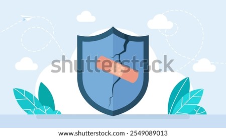 A cracked shield with a plaster. Broken Shield. Isolated on White Background. Cracked shield emblem. Security breach symbol. Protection failure. Vector illustration