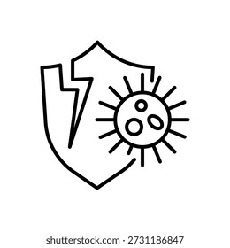 Cracked shield with virus attacked weak immunity. Editable stroke. Immune dysregulation, reduced immune system sign.