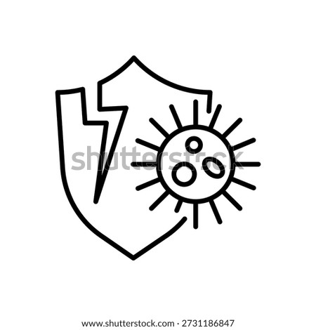 Cracked shield with virus attacked weak immunity. Editable stroke. Immune dysregulation, reduced immune system sign.
