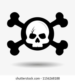 Cracked skull and crossed bones, icon. The concept of warning of mortal danger. Pirate's mark. Vector illustration on isolated white background.