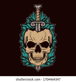 Cracked skull head with sword