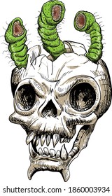 cracked skull with sharp-toothed parasites