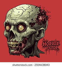 Cracked Skull Zombie Halloween Illustration Vector with white eye