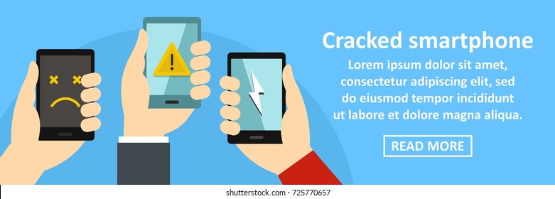 Cracked smartphone banner horizontal concept. Flat illustration of cracked smartphone banner horizontal vector concept for web design