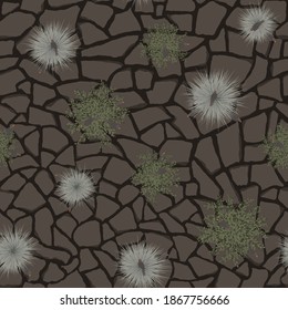 Cracked soil pattern. Relief of dry ground with bushes. African nature seamless pattern. Birds hiding in the grass.