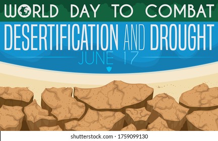 
Cracked soil and protected area with shield and barrier of water and vegetation promoting awareness and prevention during World Day to Combat Desertification and Drought celebration in June 17.