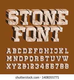 Cracked stone alphabet font. 3D damaged letters and numbers. Stock vector typescript for your typography design.