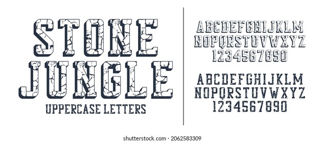 Cracked stone display font set. Retro style typeface with uppercase letters and numbers. Vector.