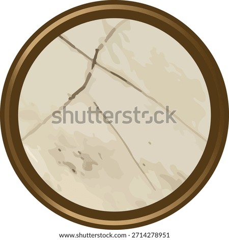 Cracked stone surface within a round frame, showing fissure lines and rough grain. Symbol of age, strength, durability, and rugged surface for background or label. Cartoon vector illustration.