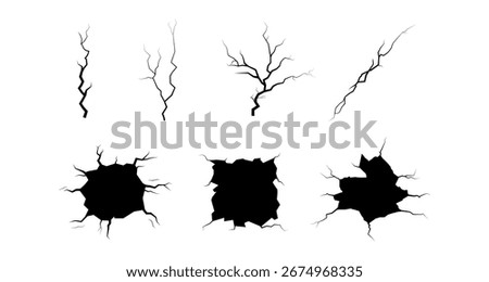 Cracked surface designs with tree branch silhouettes on white background