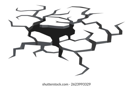 Cracked surface revealing a hole, breaking apart and fracturing, symbolizing themes of destruction, damage, and vulnerability while showcasing the impact of stress and pressure