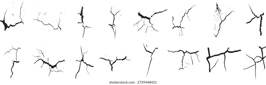 Cracked surface texture set with thin fracture lines and broken patterns on a light background. Minimal distressed crack illustrations suggesting damage, aging, and stress effects. Ideal for grunge overlays, abstract backgrounds, posters, textures, and edgy graphic designs.