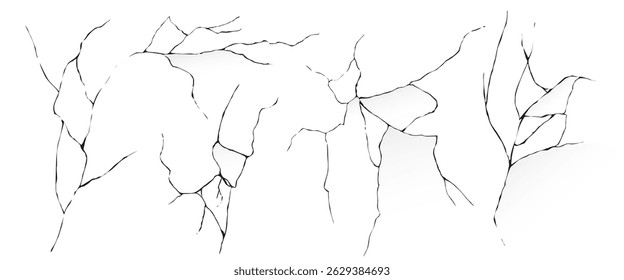 Cracked surface texture vector set - jagged edges, crumbling fragments, fissured ground. Seismic rift shapes, earthquake damage marks, broken stone wall silhouettes. Geologic destruction aftermath.