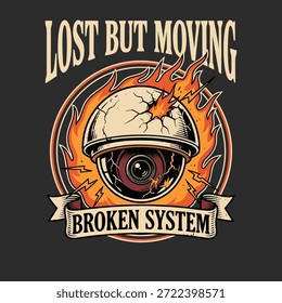 A cracked surveillance camera engulfed in flames, symbolizing a broken system.