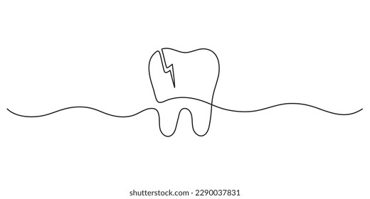 Cracked tooth, continuous art line drawing. Dentistry health of teeth. Destruction of integrity of tooth, fracture. Single hand drawn outline style. Vector illustration