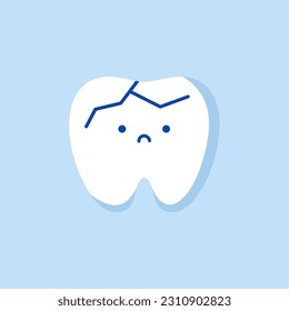 Cracked tooth flat icon, Dental and medicine, vector graphics, a colorful solid pattern on a blue background. Cracked tooth icon. Illustration for children dentistry. Oral hygiene, teeth cleaning.