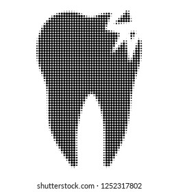 Cracked tooth halftone dotted icon. Halftone pattern contains round pixels. Vector illustration of cracked tooth icon on a white background.