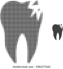 Cracked tooth halftone dotted icon illustration. Halftone pattern contains round elements. Vector illustration of cracked tooth icon on a white background.