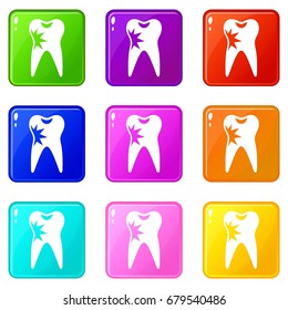 Cracked tooth icons of 9 color set isolated vector illustration