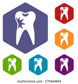 Cracked tooth icons set rhombus in different colors isolated on white background