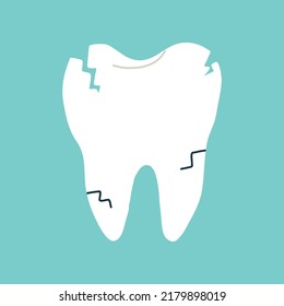 Cracked tooth. Isolated clipart in doodle, cartoon, flat style on blue background