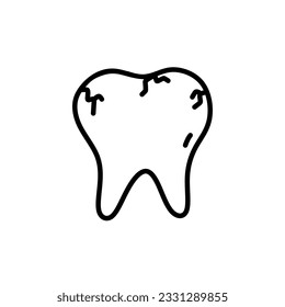 Cracked tooth isolated on white background. Dental care. Vector hand-drawn illustration in doodle style. Perfect for logo, various designs.