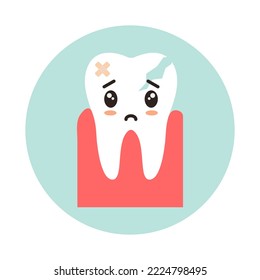Cracked tooth with kawaii emotion. Vector illustration